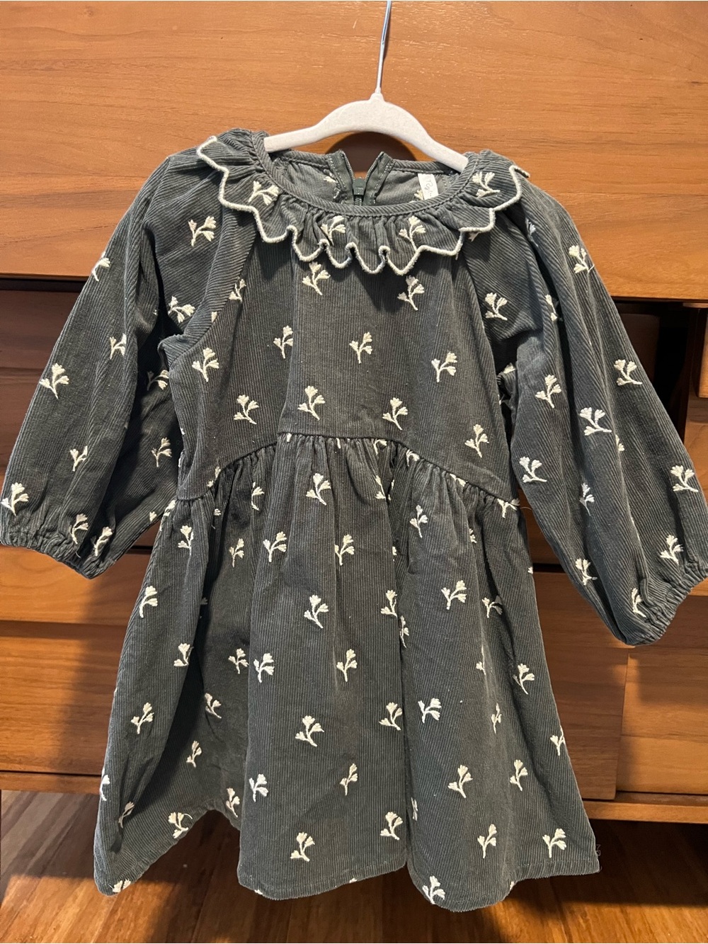 Rylee + Cru Charcoal Gray Floral Corduroy Dress with Ruffle Collar